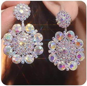 Jumwrit Shiny Rhinestone Long Dangle Drop Earrings Sparkle Colorful Flower Crystal Big Hoop Stud Earrings Chunky Geometry Chandelier Earrings Fashion Statement Jewelry Gift for Women Girls