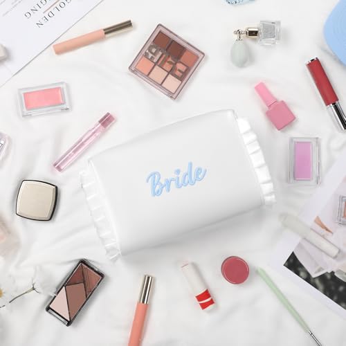 Etercycle Bride Cosmetic Bag, White Satin Bride To Be Makeup Bags Exquisite Embroidery Something Blue Bridal Shower Gifts, Ruffle Toiletry Bag For Engagement Wedding Bridesmaid Bachelorette Party2