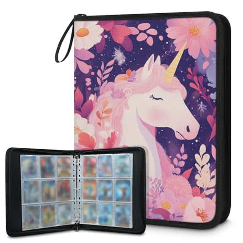 Kuquteed Colorful Unicorns Trading Card Binder 4 Pocket 400 Cards Holder Collector Album with 50 Removable Sleeves Toys Gifts for Boys Girls Flowers Horse Game Sports Cards