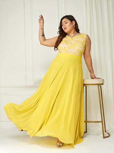 Image of Miss Chase A+ Women's Round Neck Sleeveless Georgette Floral Lace Fit & Flare Maxi Dress