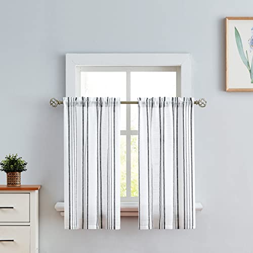 SXZJTEX Stripe Cafe Kitchen Curtain Tiers Geometric Pattern Cafe Curtains 36 Inch Length, White and Black Linen Textured Pinstripe Short Curtain for Kitchen Bathroom, Rod Pocket, 2 Panels