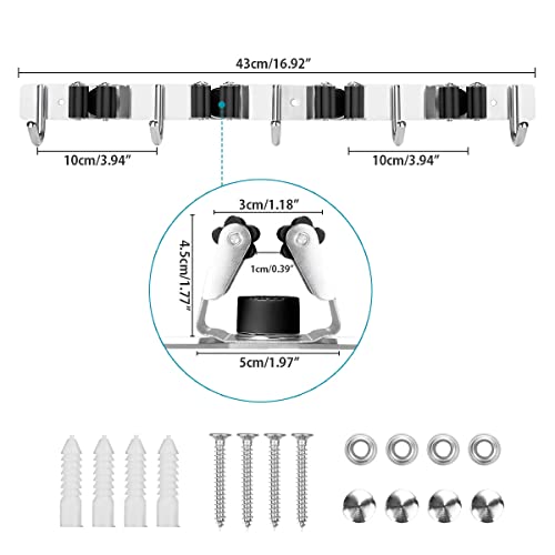 SHYOSUCCE Edelstahl Besenhalter, Besenhalterung Wand mit 4 Schlitze und 5 Haken, Gerätehalter Wandhalterung für Küche, Badezimmer, Garage und Garten, Schwarz