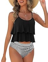 AI’MAGE Tankini High Waist Damen Zweiteiliger Bikini Set Badeanzug Rüschen Bedruckt Bademode mit Hoher Taille Bikinihose Tankini Oberteil Strandkleidung schwarz XL