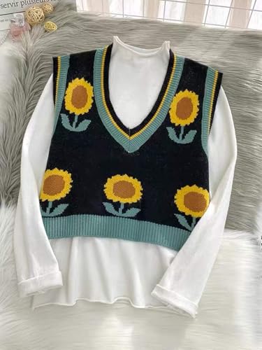 Image of Women's Sweater Vest,Y2K Sleeveless Pattern Preppy Style Knitted Crop Tank Top for Girl