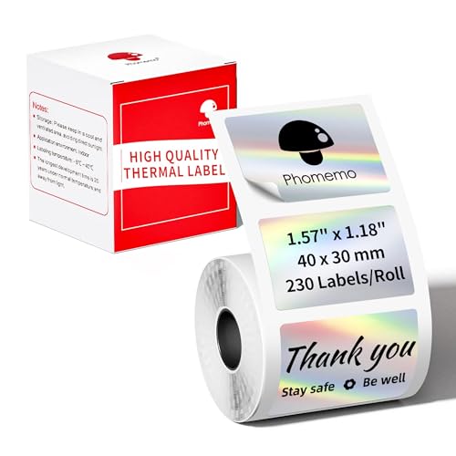 Phomemo Etiquetas Térmicas Plateadas Holográficas Para la Impresora de Etiquetas M220 M250 M221 M120 M150 M108 M110 M421, Etiquetas de Hogar, Escuela, Negocio, 40x30mm, 230 Etiquetas/Rollo