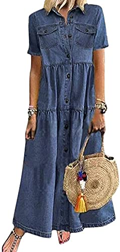 Yesgirl Damen Boho Jeanskleid Sommerkleid Frauen Casual Loose Jeans Kleider V-Ausschnitt Lange Ärmel Einfarbig Faltenrock A-Linie Maxi Denimkleid...