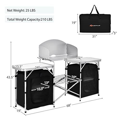 Goplus Folding Camping Kitchen Table With Storage, Aluminum Portable Outdoor Cooking Table With Windscreen, Foldable Camp Table Cook Station For Bbq, Grill, Party, Picnics, 68D X 19W X 43.5H In, Black #TOP2