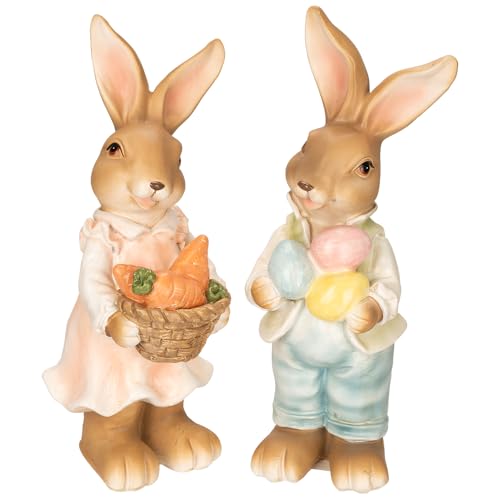 Ideen mit Herz Figuras decorativas de pareja de conejos, 2 figuras de conejos con zanahorias y huevos de Pascua, decoración de Pascua, 21,4 cm y 22,3 cm de alto