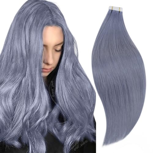 RUNATURE Tape in LightBlue Hair Extensions Human Hair 20 Inch Tape Blue Hair Extensions Human Hair Invisible Tapes Remy Straight Hair 25g