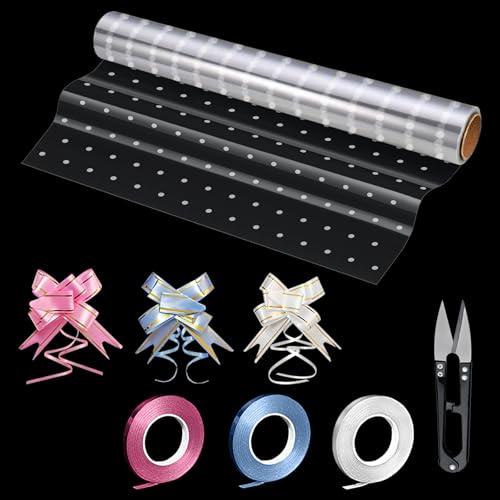PYGHAP Rouleau de cellophane transparent pour paniers - 40 cm x 30 m - Avec 30 nœuds à tirer, 3 rubans et ciseaux - Cadeau de Noël, Pâques, anniversaire, Saint-Valentin, fleurs - Pois blancs