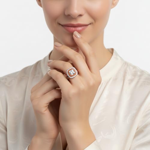 Image of Choose Your Gemstone Delicate Double Halo Diamond CZ Ring Rose Gold Plated Princess Shape Halo Engagement Rings Matching Jewelry Wedding Jewelry Easy to Wear Gifts US Size 4 to 12