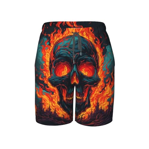 Boys Beach Shorts Quick Dry Swim Trunks Board Surf Summer Teen Kids, Gothic Skull On Fire Flaming