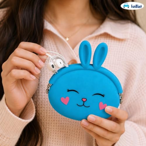 Image of FunBlast Cute Bunny Shape Silicone Coin Purse for Kids & Adults - Mini Pouch for Coins, Earphones, Keys & Small Essentials, Aesthetic Pouches for Girls & Women - 12 X 9.5 X 3 Cm (Bunny-Blue)