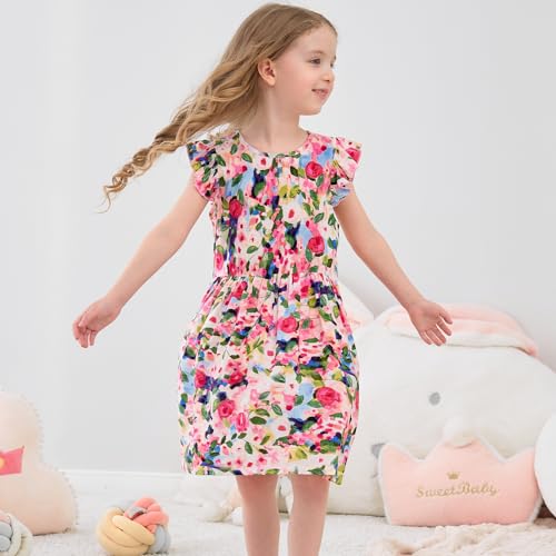 Girls Dress Flutter Ruffle Sleeve Boho Flower Floral Strawberry Sundress for Kids Casual Midi Dresses 3-10 Years3