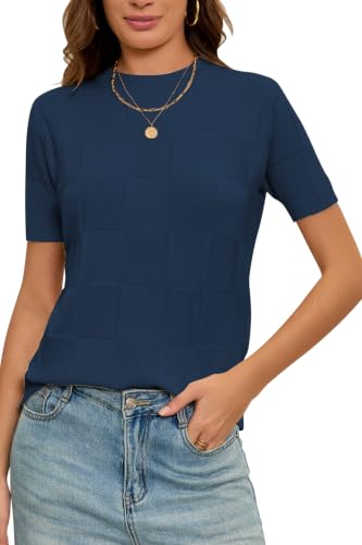 Image of Cakulo Women's Short Sleeve Summer Sweater Knit Tops | Checkered Pattern, Crew Neck, Lightweight Knit, Pullover Sweaters, Business Casual Work Tops Basic Clothes