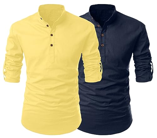 Image of FINIVO FASHION Combo of Men's Cotton Blend Solid Regular Fit Full Sleeve Straight Short Kurta Shirt, Casual and Formal Wear
