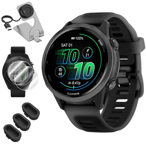 Garmin 010-02970-00 Forerunner 570 42mm GPS Smartwatch, Aluminum and Black Band Bundle with Deco Essentials Charging Dock, 3X Silicone Dust Cover and 2X 1.2 Inch Screen Protector