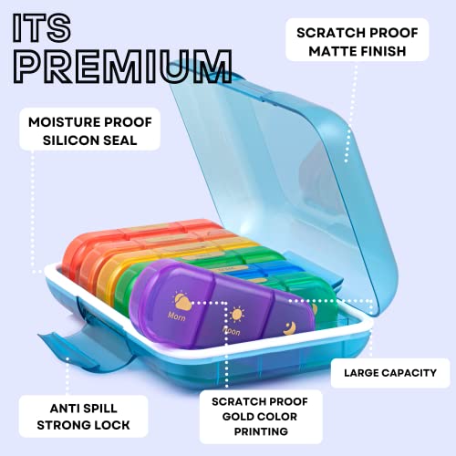 Image of Premium weekly pill organizer 3 times a day, Medicine organizer box| Medicine box,portable travel pill box weekly with large compartments moisture-proof pill case for vitamin, Medicine, pills, supplements (Multicolor-3 Compartment)