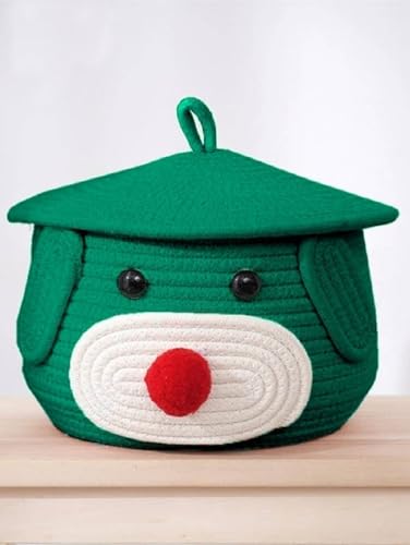 Image of BROOM Home Cute Baby Bear Handmade Jute Cotton Woven Storage Basket With Cap, Nursery Organizers And Storage,Kids Basket, Toy Bin, Baby Gift (Green)