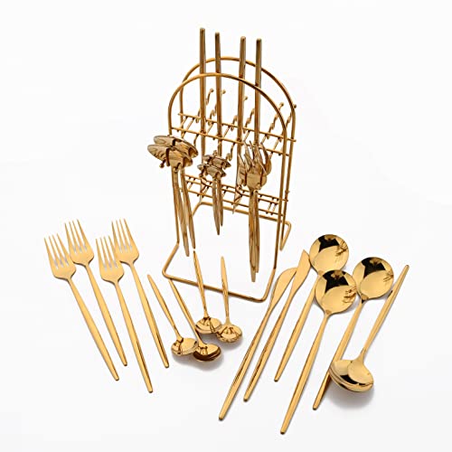 Uniturcky 24 Piece Hanging Flatware Set, Stainless Steel Family Kitchen Utensil Set with Rack, Cutlery set for 6 with Holder, Silverware Sets with Holder, Hanging flatware set, Mirror Polished(Gold)