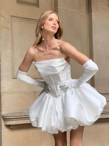 Image of Simple Tulle Short Wedding Dresses for Bride Elegant Spaghetti Straps Tea Length Bridal Shower Dress for Women