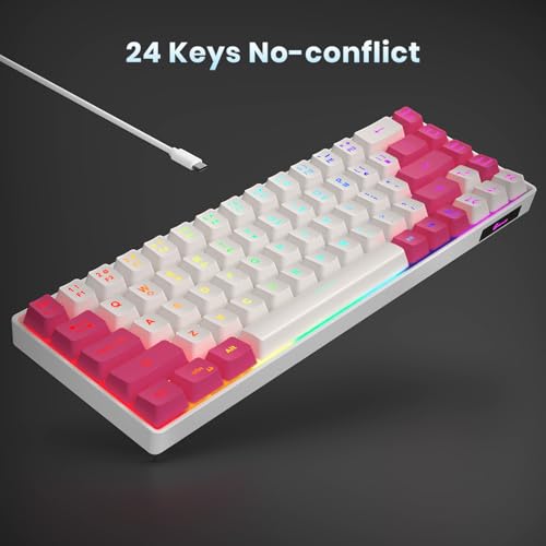 Image of GEODMAER 65% Gaming Keyboard, LED Backlit Mini Wired Keyboard, Ultra-Compact Anti-Ghosting No-Conflict 68 Keys Membrane Gaming Wired Keyboard for PC Laptop Windows Gamer(White-Pink)