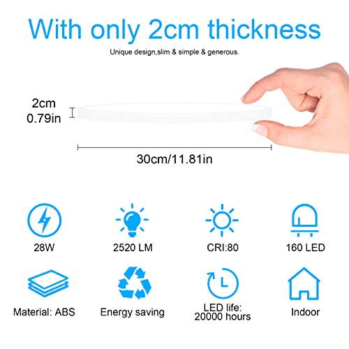 Klighten LEDDeckenleuchteFlachRund,28W2520LMModerneDeckenbeleuchtungfürWohnzimmer, Schlafzimmer, Flur, Küche, Ø30cm × H2