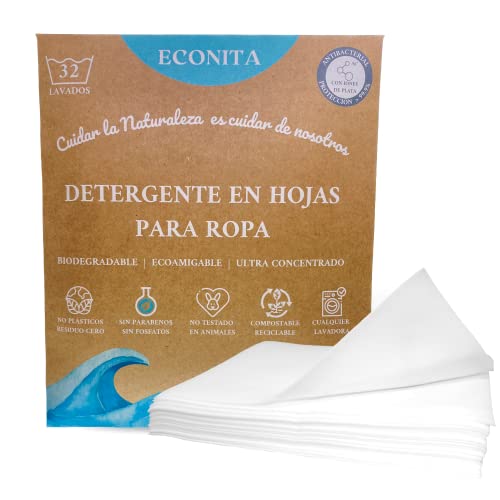 Detergente en hojas Ecológico, Biodegradable para lavadora. Antibacterial de iones de plata. Compostable, Sin Parabenos, Sin fosfatos-32 LAVADOS-Sin plásticos. ECONITA