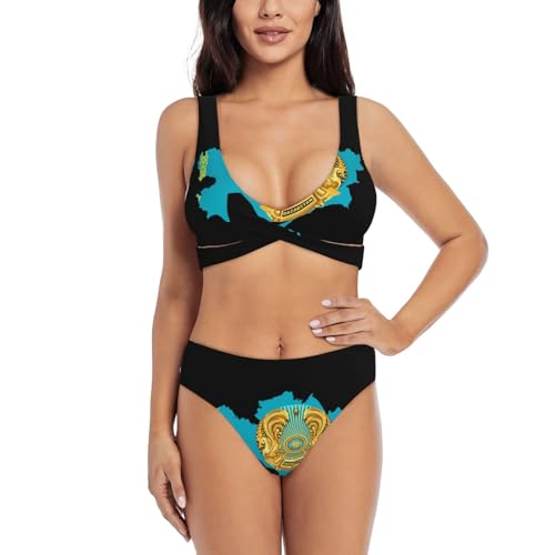 HTRWEDG Flag of Kazakhstan Map Bikini Sets Women Two Piece Bikini Swimsuit