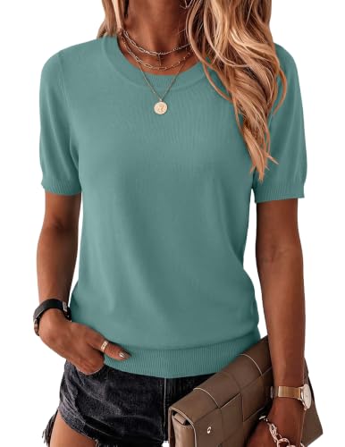 Image of Zeagoo Womens Summer Short Sleeve Tops Crew Neck Lightweight Pullover Sweaters Loose Dressy Casual Blouse Basic Clothes