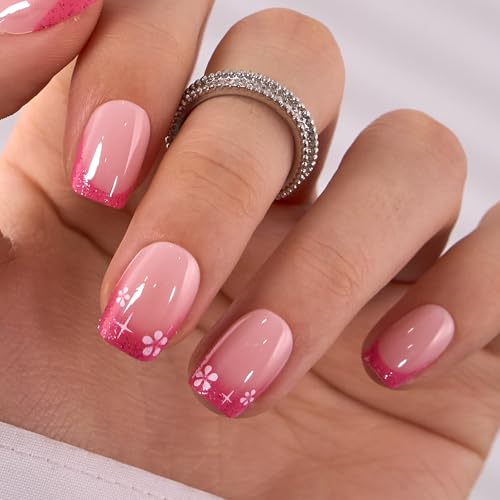 CurvLife Soft Gel Press On Nails Extra Short Square 32 PCS Fake Nails Kit with Glue & Adhesive Tabs Salon Quality Reusable Stick On Nails(Spring Kiss)