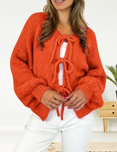InterNos Womens Bow Tie Front Sweater Cardigan Y2k Chunky Crew Neck Lace Up Crochet Knit Outwear Coat4