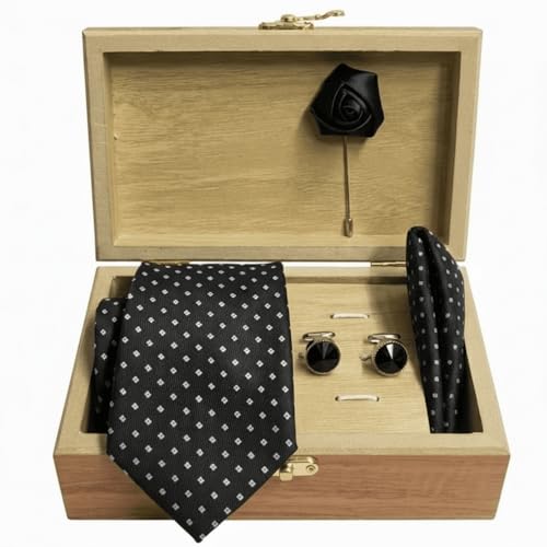 Image of Men's Necktie Gift Set with Wooden Box | Premium Tie, Pocket Square, Cufflinks & Lapel Pin | Elegant Formal Accessories Gift for Men