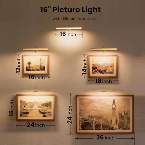 Picture Light Battery Rechargeable, 3Pack Picture Light for Wall with Remote, 3 Color Modes and Dimmable Classic Art Lights for Paintings, Pictures in Gallery, Bedroom, with Timer_Antique Gold