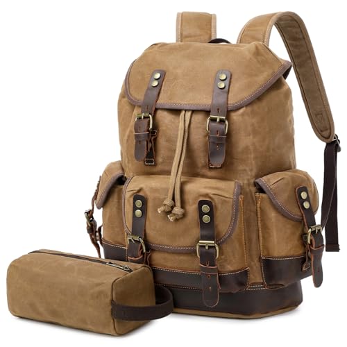 Wogarl Leather Backpack for Men, Waxed Canvas Vintage Backpack Rucksack for Business College Travel Hiking Shoulder Daypacks With Toiletry Bag(Khaki)