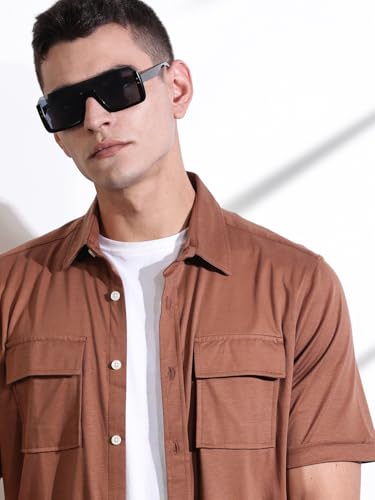 Image of Thomas Scott Men's | Solid | Half Sleeve | Slim Fit | Cotton Blend | Double Flap Pocket | Spread Collar | Casual Shirt