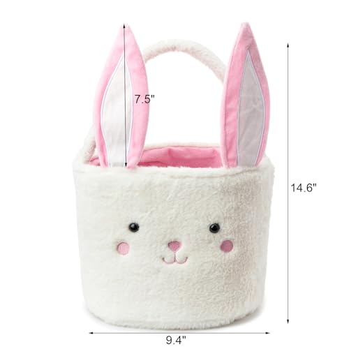 Image of Plush Bunny Basket for Easter Fluffy Easter with with Bunny Ears, Easter Egg Hunts Decorations Candy Gifts Storage (Pink White)