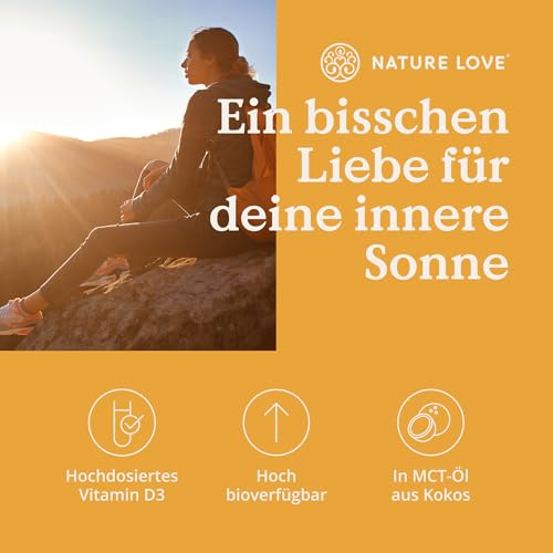 NATURE LOVE® Vitamin D3 5000 (50ml flüssig) - Laborgeprüfte 5000 I.E. pro Tropfen - in MCT-Öl aus Kokos - Vitamin D hochdosiert - hoch bioverfügbar, sehr hohe Stabilität - in Deutschland produziert