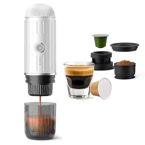 BENFUCHEN Portable Electric Espresso Machine, Travel Coffee Maker for Camping, On the Go Car Coffee Maker Self-Heating with USB-C, With Ground Coffee & N Espresso Capsule for RV/Hiking/Office, White