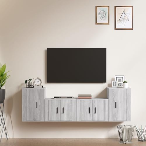 Cartvyn Juego de 4 armarios para TV, color gris, madera Sonoma con espacio de almacenamiento, moderno mueble bajo colgante, aparador para salón, mueble de TV con cajones y puertas, ahorra espacio para