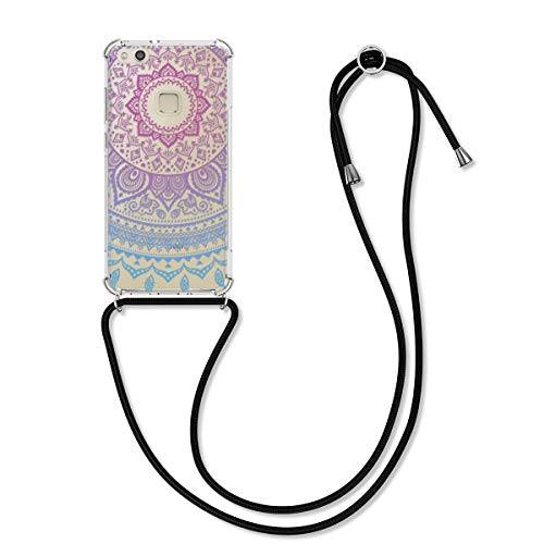 kwmobile Funda con Cuerda Compatible con Huawei P10 Lite - Carcasa de TPU con Colgante Sol hindú Azul/Rosa Fucsia/Transparente