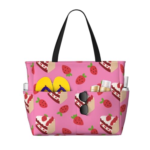 Cute Cake Strawberry Large Beach Bag Waterproof Sandproof Swim Tote Pool Bag For Women With Zipper