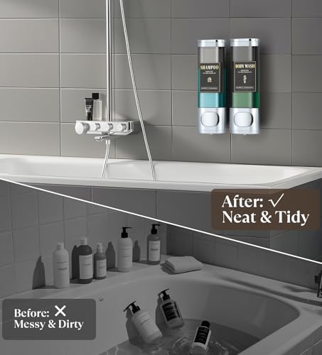 Image of Luxspire Shampoo and Conditioner Dispenser, Shower Soap Dispenser 2-Chamber | Lockable Large Capacity 600ml No-Drill Wall-Mounted Shampoo and Body Wash Dispenser for Bathroom Hotel Kitchen Airbnb