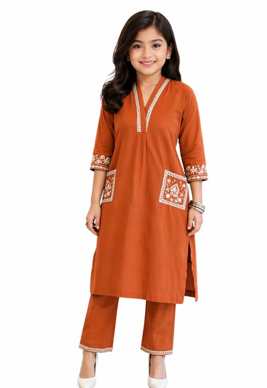 Kids Ethnic Cord Set | Girls Rayon Kurti Pant Set | Embroidered S...