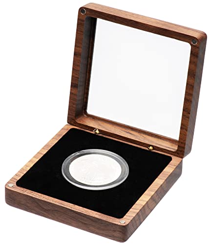 COSISO Single Walnut Wood Challenge Coin Presentation Display Box Storage Case with Clear Top and Plastic Coin Capsules with Adjustable Gasket
