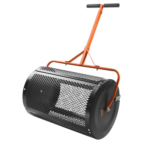 VEVOR Compost Spreader and Peat Moss Spreader, 24 Push/Tow-Behind Roller Lawn Spreader with Height Adjustable T Shaped Handle, Steel Mesh Basket Garden Spreader for Spreading Manure Topsoil, Black