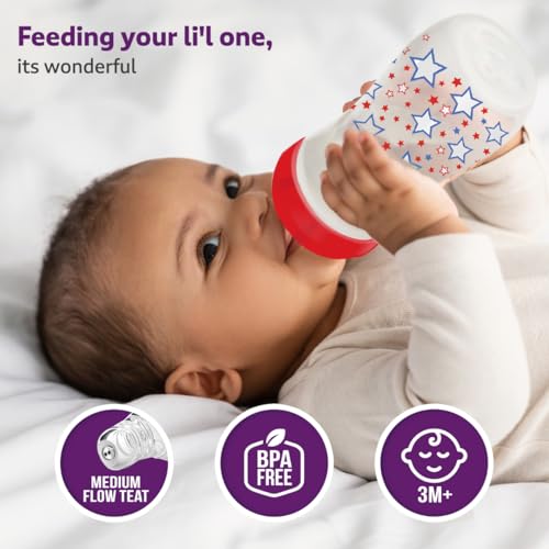 Image of LuvLap Anti-Colic Wide Neck Natura Flo Baby Feeding Bottle, 150ml (Pack of 2), New Born /Infants /Toddler Upto 3 Years, Stars, BPA Free