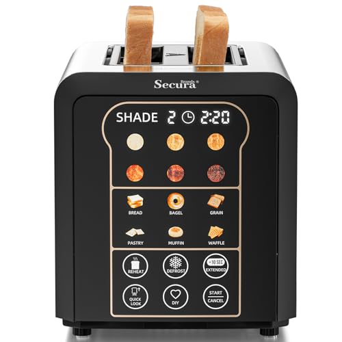 Secura Brands 2 Slice Automatic Toaster, Touch Screen Smart Toaster with Digital Timer, 6 Bread Types, 6 Browning Levels, Reheat/Defrost, +10s Extend, Custom Memory Settings for Home, RV, Office