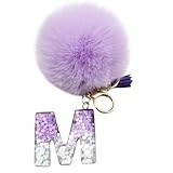 Unpafcxddyig Pom Pom Keychain Faux Rabbit Fur Fluffy Ball Keyring with Initial Letter Key Chain Purple,M
