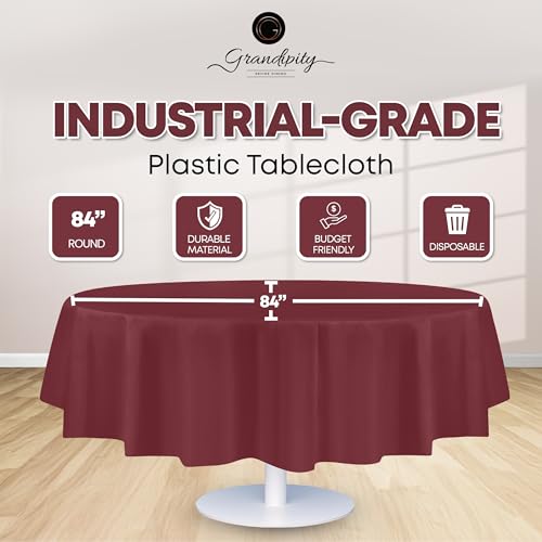 Image of Grandipity Plastic Table Cloth Disposable 12 Pack 84 inch Round Burgundy | Plastic table covers, durable disposable tablecloths, fade and tear-resistent table cover for party, event